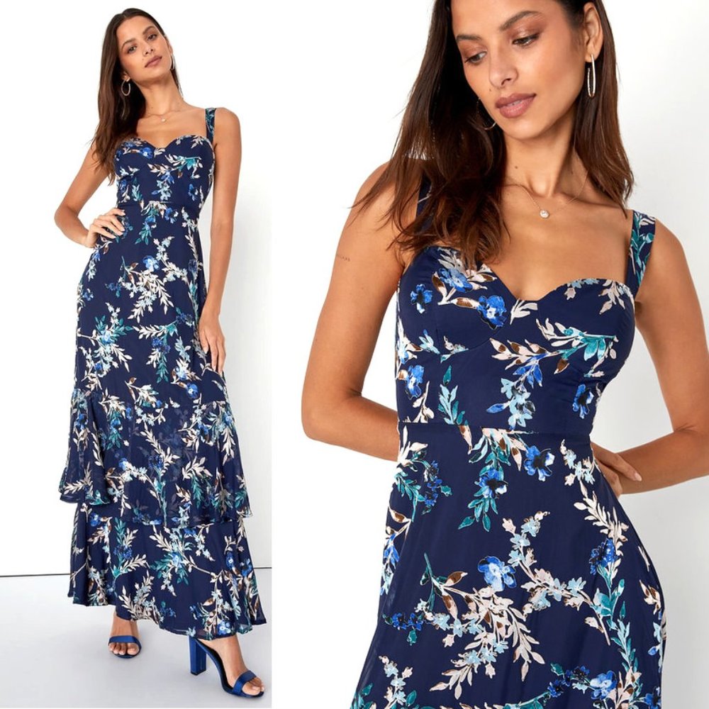 Lulus Navy Blue Velvet Floral Burnout Tiered Maxi Dress-Bustier Inspired Bodice